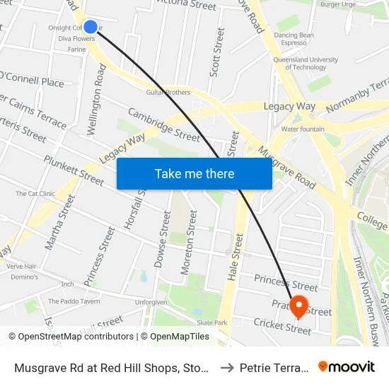 Musgrave Rd at Red Hill Shops, Stop 8 to Petrie Terrace map