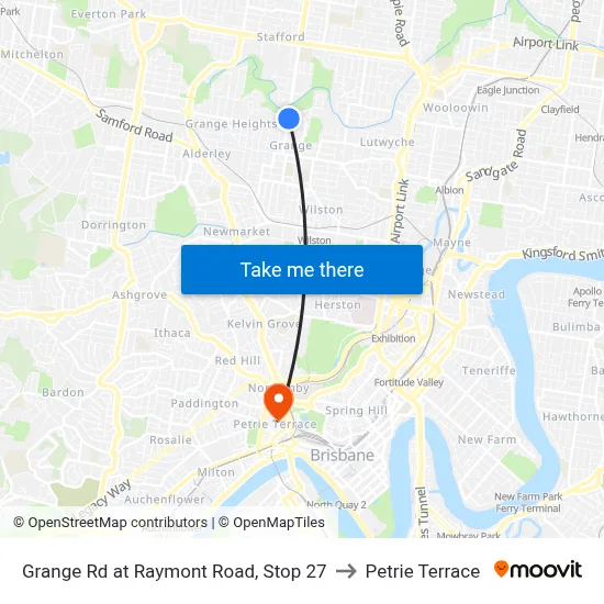Grange Rd at Raymont Road, Stop 27 to Petrie Terrace map