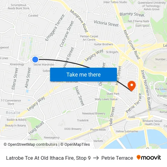 Latrobe Tce At Old Ithaca Fire, Stop 9 to Petrie Terrace map