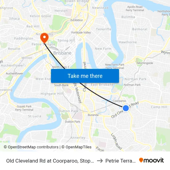 Old Cleveland Rd at Coorparoo, Stop 23 to Petrie Terrace map