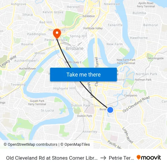 Old Cleveland Rd at Stones Corner Library, Stop 17 to Petrie Terrace map