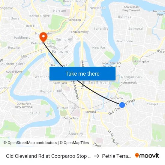 Old Cleveland Rd at Coorparoo Stop 23 to Petrie Terrace map