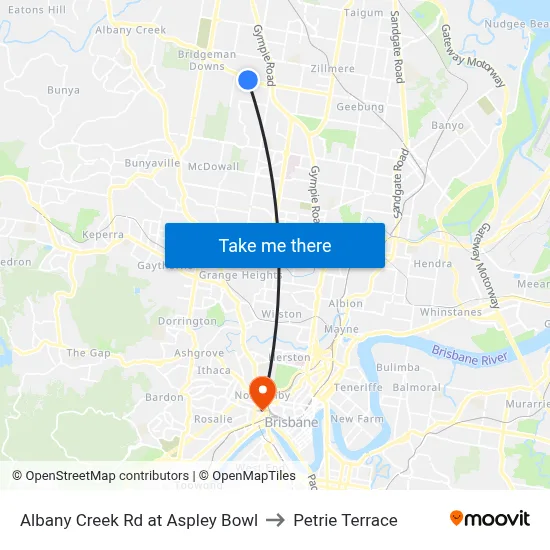 Albany Creek Rd at Aspley Bowl to Petrie Terrace map