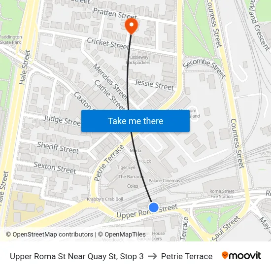 Upper Roma St Near Quay St, Stop 3 to Petrie Terrace map