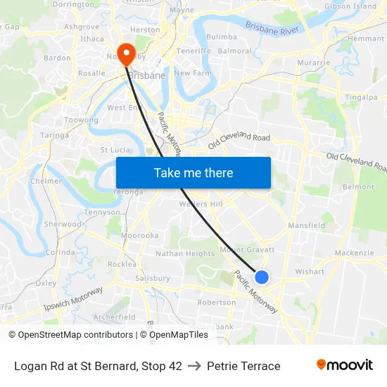 Logan Rd at St Bernard, Stop 42 to Petrie Terrace map