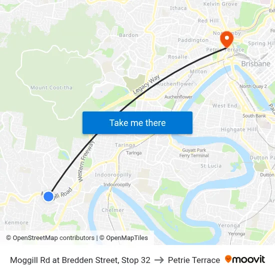 Moggill Rd at Bredden Street, Stop 32 to Petrie Terrace map