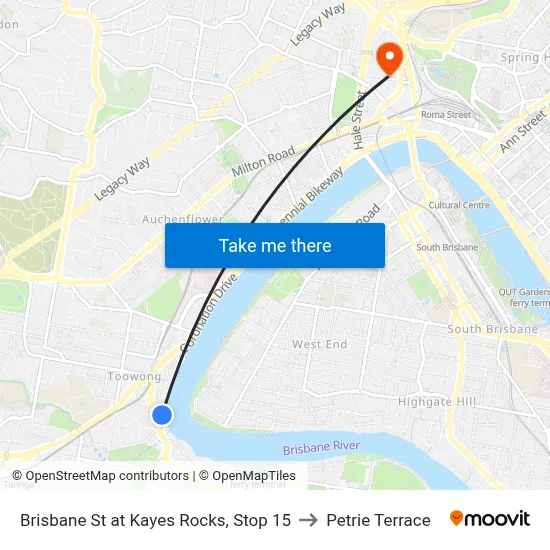 Brisbane St at Kayes Rocks, Stop 15 to Petrie Terrace map