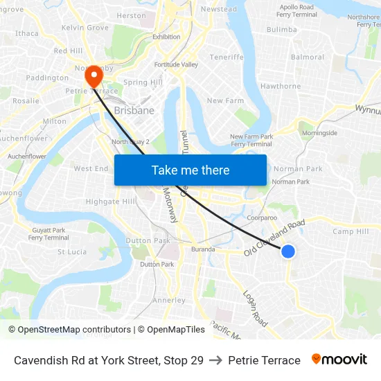Cavendish Rd at York Street, Stop 29 to Petrie Terrace map