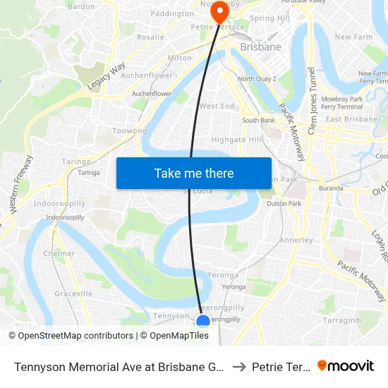 Tennyson Memorial Ave at Brisbane Golf, Stop 36 to Petrie Terrace map
