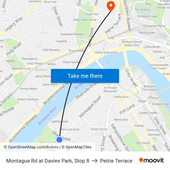 Montague Rd at Davies Park, Stop 8 to Petrie Terrace map
