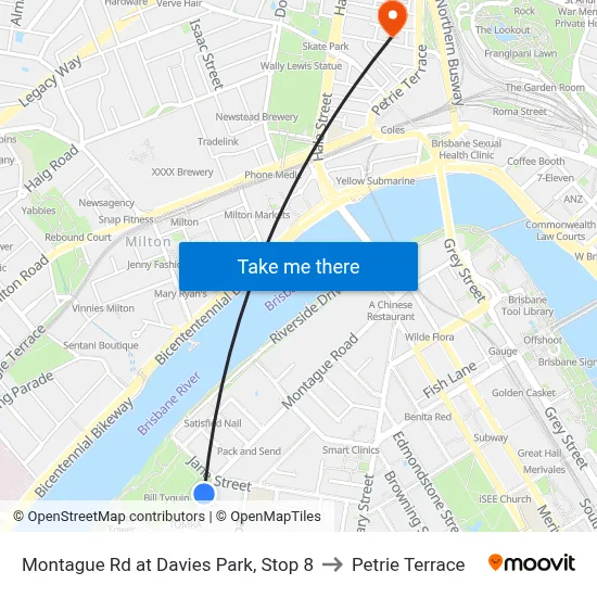 Montague Rd at Davies Park, Stop 8 to Petrie Terrace map