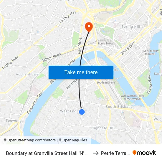 Boundary at Granville Street Hail 'N' Ride to Petrie Terrace map