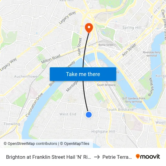 Brighton at Franklin Street Hail 'N' Ride to Petrie Terrace map
