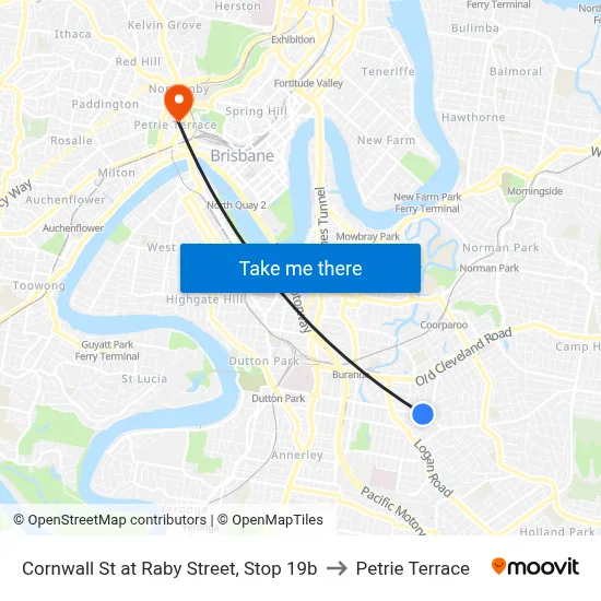 Cornwall St at Raby Street, Stop 19b to Petrie Terrace map