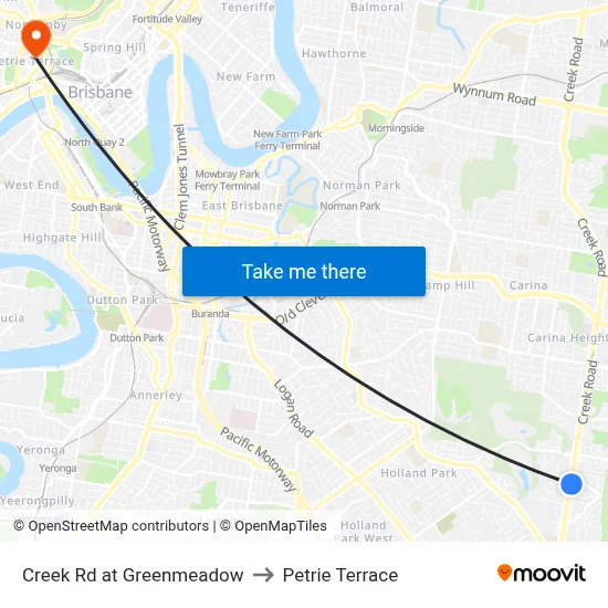 Creek Rd at Greenmeadow to Petrie Terrace map