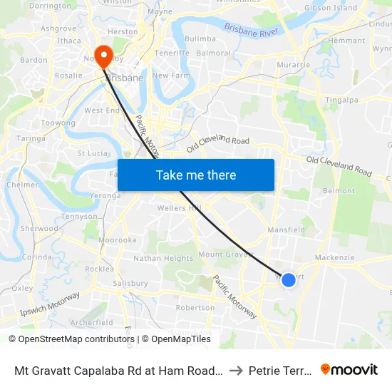 Mt Gravatt Capalaba Rd at Ham Road South to Petrie Terrace map