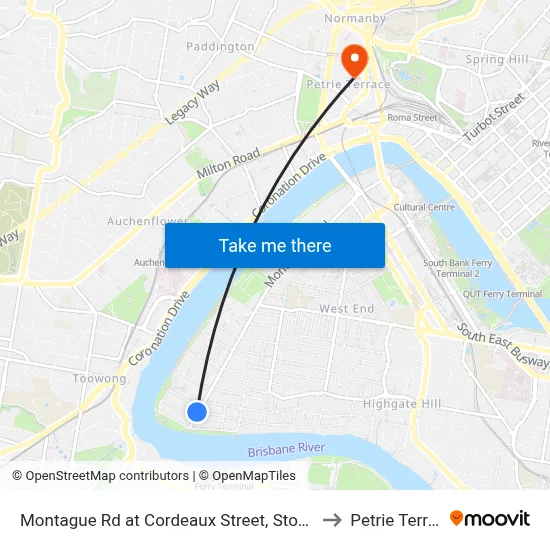 Montague Rd at Cordeaux Street, Stop 30/14 to Petrie Terrace map
