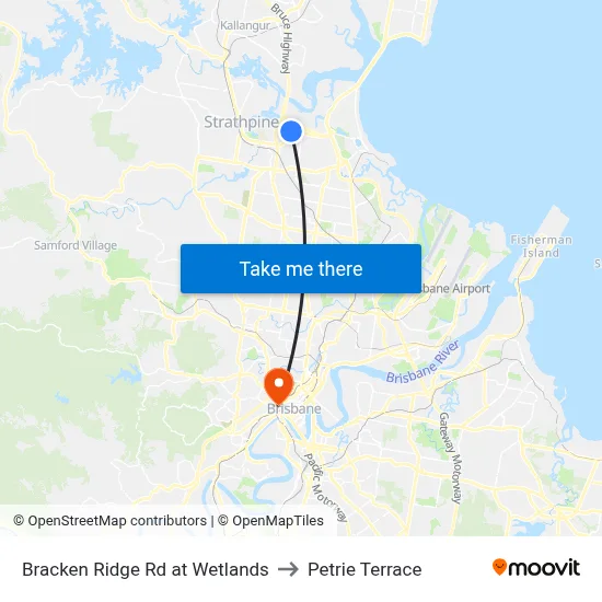 Bracken Ridge Rd at Wetlands to Petrie Terrace map