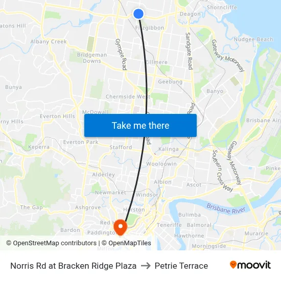 Norris Rd at Bracken Ridge Plaza to Petrie Terrace map