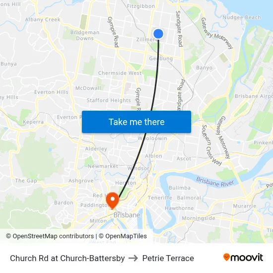Church Rd at Church-Battersby to Petrie Terrace map
