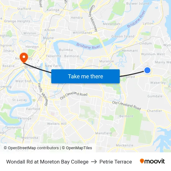 Wondall Rd at Moreton Bay College to Petrie Terrace map