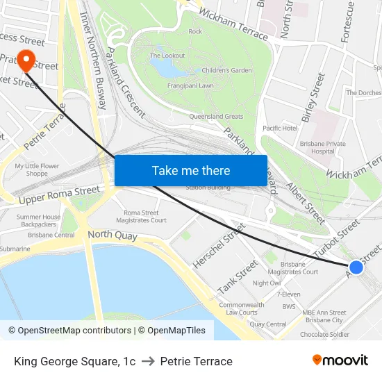 King George Square, 1c to Petrie Terrace map