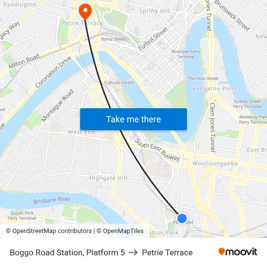 Boggo Road Station, Platform 5 to Petrie Terrace map