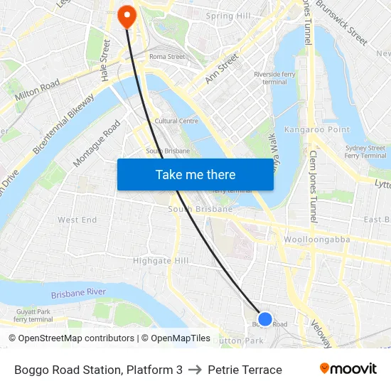 Boggo Road Station, Platform 3 to Petrie Terrace map