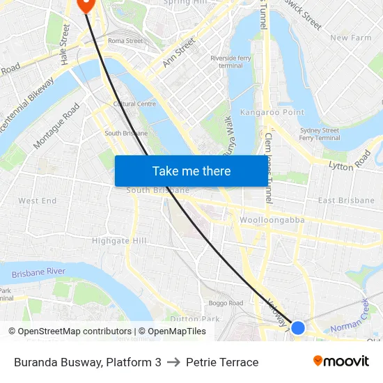 Buranda Busway, Platform 3 to Petrie Terrace map