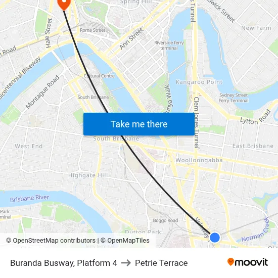 Buranda Busway, Platform 4 to Petrie Terrace map
