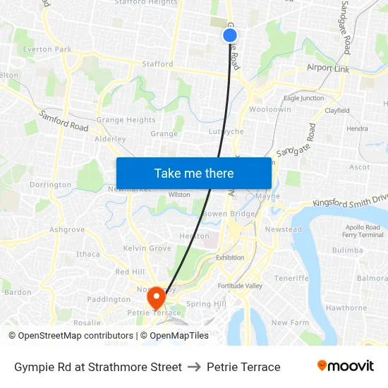 Gympie Rd at Strathmore Street to Petrie Terrace map