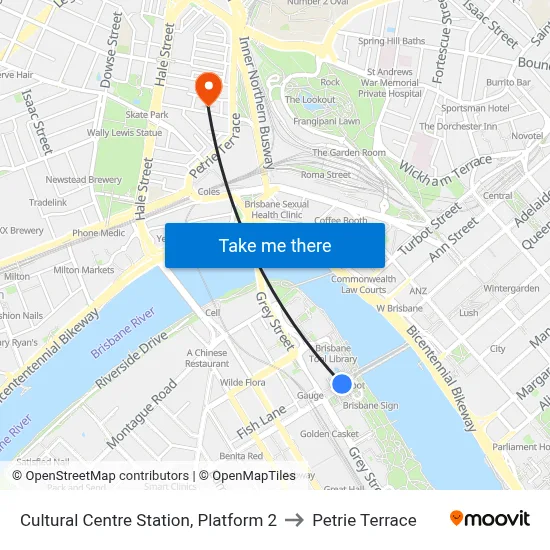 Cultural Centre Station, Platform 2 to Petrie Terrace map