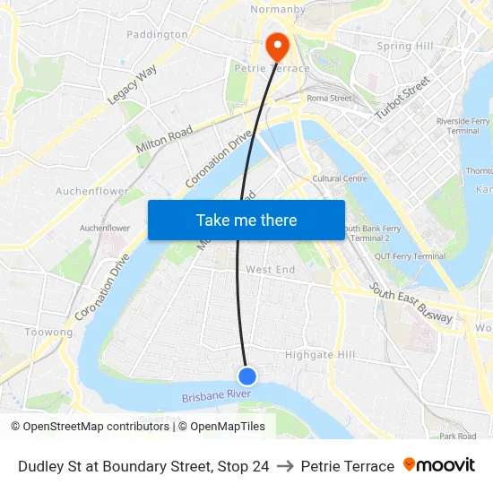Dudley St at Boundary Street, Stop 24 to Petrie Terrace map