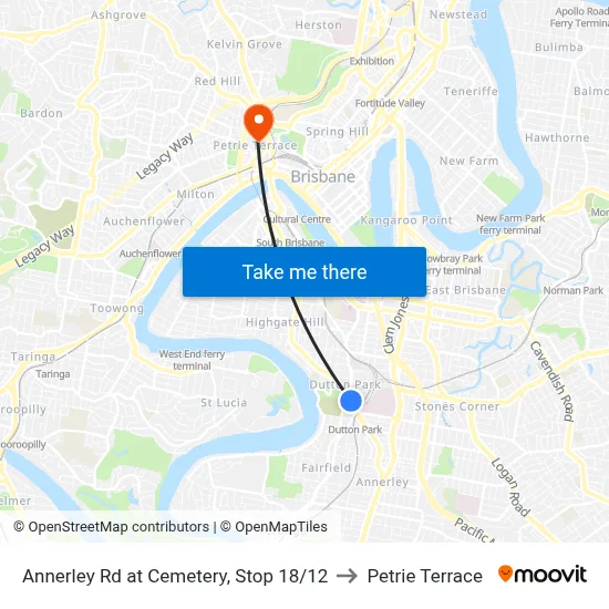 Annerley Rd at Cemetery, Stop 18/12 to Petrie Terrace map
