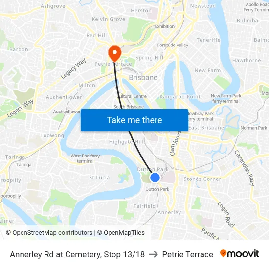 Annerley Rd at Cemetery, Stop 13/18 to Petrie Terrace map