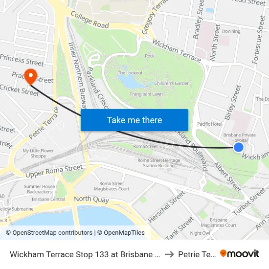 Wickham Terrace Stop 133 at Brisbane Private Hospital to Petrie Terrace map