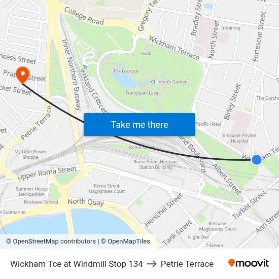 Wickham Tce at Windmill Stop 134 to Petrie Terrace map