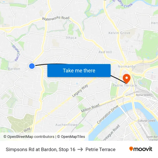 Simpsons Rd at Bardon, Stop 16 to Petrie Terrace map