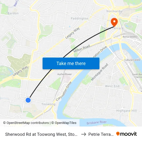 Sherwood Rd at Toowong West, Stop 22 to Petrie Terrace map