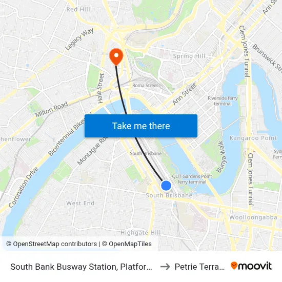 South Bank Busway Station, Platform 5 to Petrie Terrace map