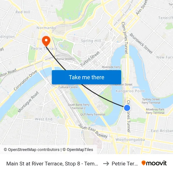 Main St at River Terrace, Stop 8 - Temp Location to Petrie Terrace map