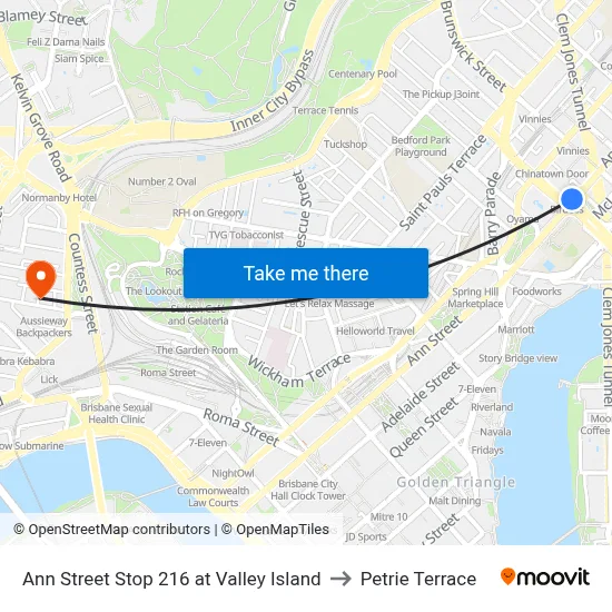 Ann Street Stop 216 at Valley Island to Petrie Terrace map