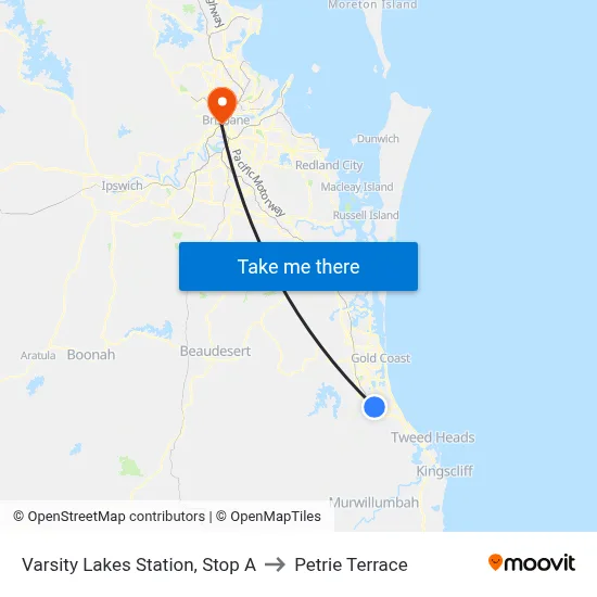 Varsity Lakes Station, Stop A to Petrie Terrace map