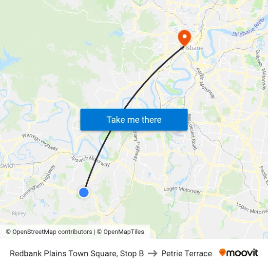 Redbank Plains Town Square, Stop B to Petrie Terrace map