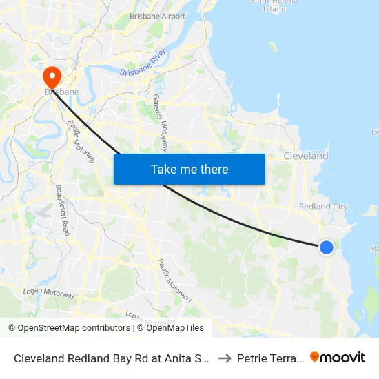 Cleveland Redland Bay Rd at Anita Street to Petrie Terrace map