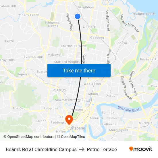 Beams Rd at Carseldine Campus to Petrie Terrace map