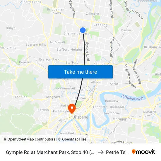 Gympie Rd at Marchant Park, Stop 40 (Temp Closure) to Petrie Terrace map