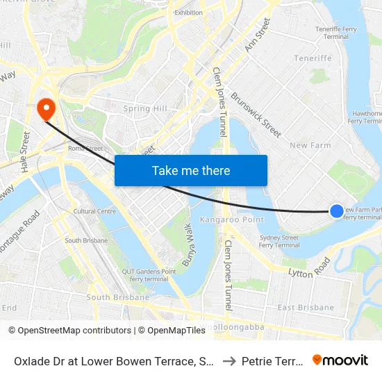 Oxlade Dr at Lower Bowen Terrace, Stop 19 to Petrie Terrace map