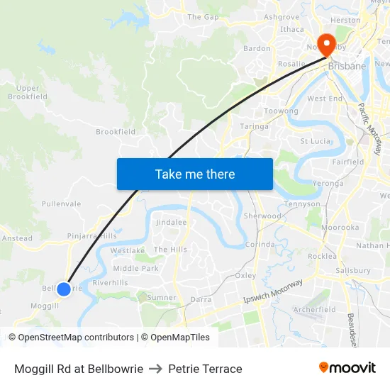 Moggill Rd at Bellbowrie to Petrie Terrace map