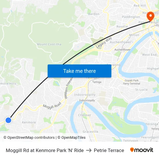 Moggill Rd at Kenmore Park 'N' Ride to Petrie Terrace map